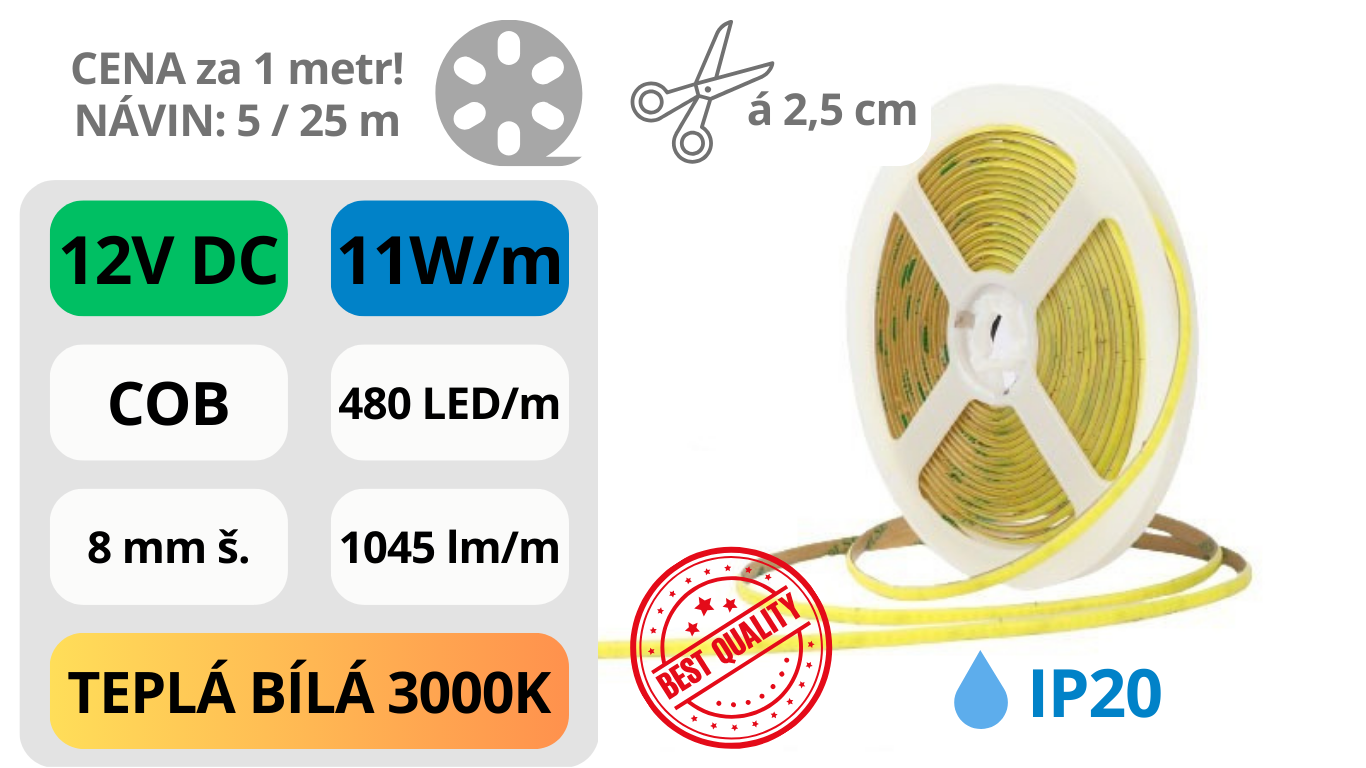 LED pásek COB 12V / 480LED / 11W / 3000K / IP20 / 8mm